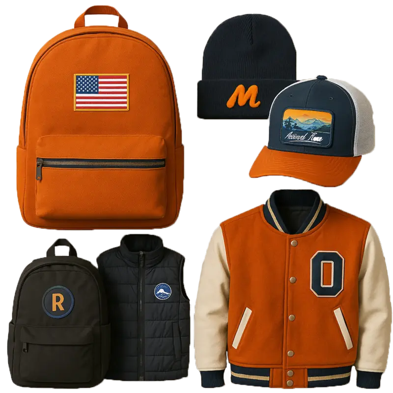 Custom patches applied to backpack, varsity jacket, vest, and hats