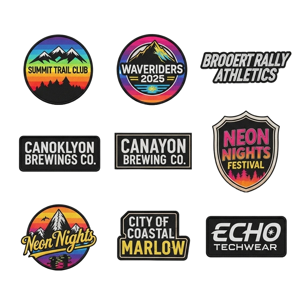 Custom patches applied to backpack, varsity jacket, vest, and hats