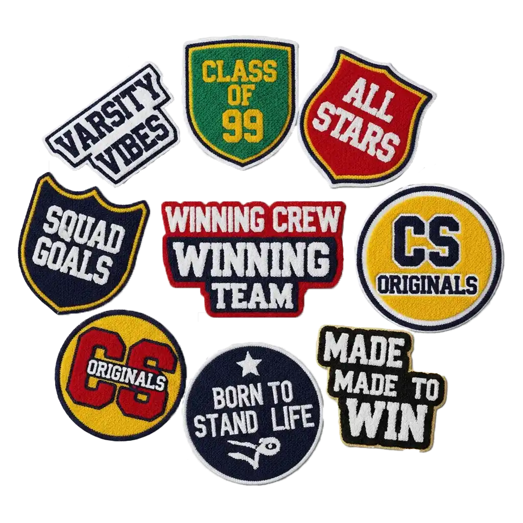 Custom patches applied to backpack, varsity jacket, vest, and hats