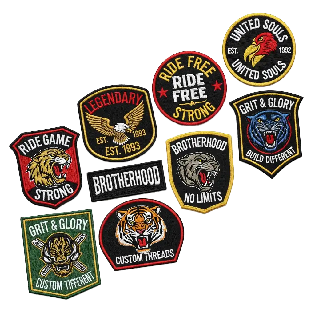 Custom patches applied to backpack, varsity jacket, vest, and hats