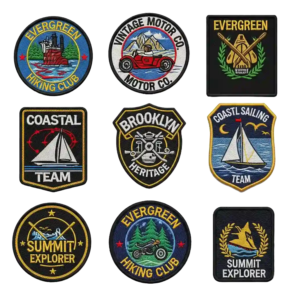 Custom patches applied to backpack, varsity jacket, vest, and hats
